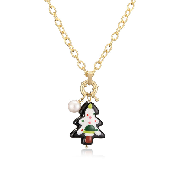 Women's Festive Cartoon Christmas Tree And Snowman Glass Pendant Necklace With Copper Chain And Plated Finish
