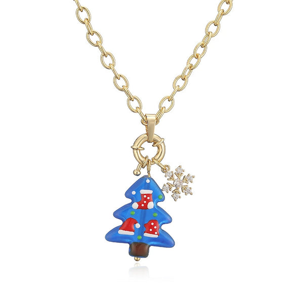 Women's Festive Cartoon Christmas Tree And Snowman Glass Pendant Necklace With Copper Chain And Plated Finish