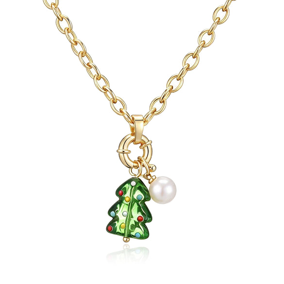Women's Festive Cartoon Christmas Tree And Snowman Glass Pendant Necklace With Copper Chain And Plated Finish