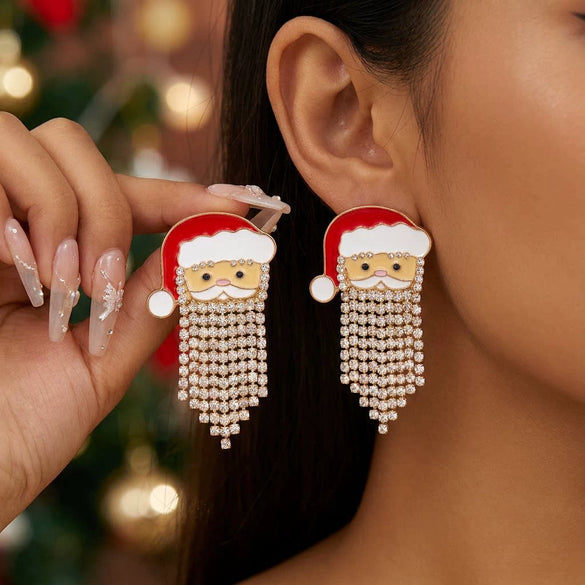 Women's Festive Santa Hat Rhinestone Tassel Drop Earrings Electroplated Alloy Holiday Party Jewelry