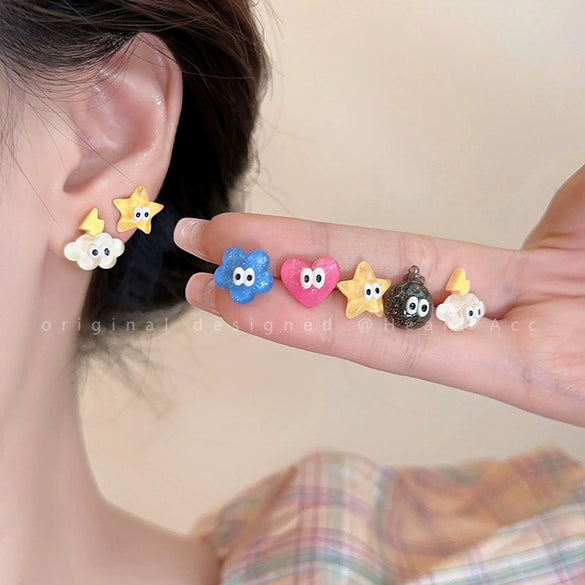 Women's Fivepiece Set Of Small And Cute Cartoon Resin Earrings With Heart And Star Patterns 925 Silver Needle Polished Design