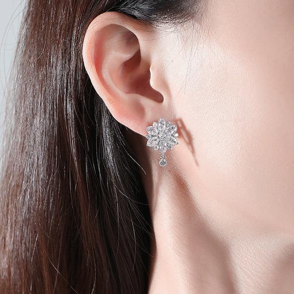 Women's Floral Copper Zircon Earrings With Electroplated Finish Elegant Fashion Statement Jewelry