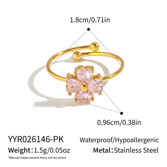 Women's Floral Cubic Zirconia Open Ring In Stainless Steel With Vacuum Gold Plating