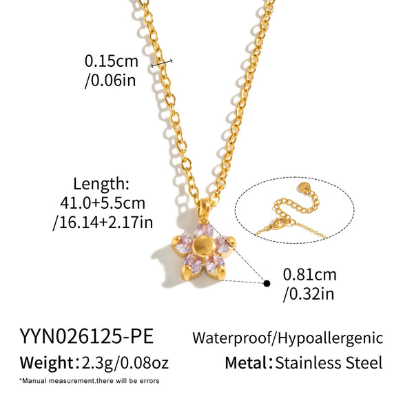 Women’s Floral Zircon Pendant Necklace With Vacuum Gold Plated Stainless Steel Chain Lobster Clasp And Extension Chain