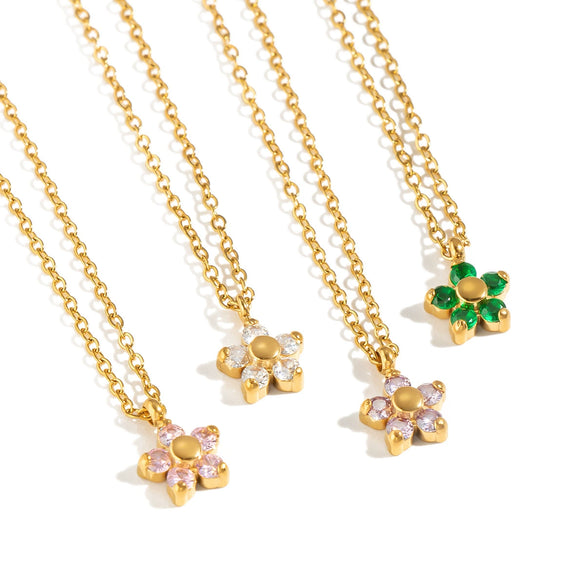 Women’s Floral Zircon Pendant Necklace With Vacuum Gold Plated Stainless Steel Chain Lobster Clasp And Extension Chain