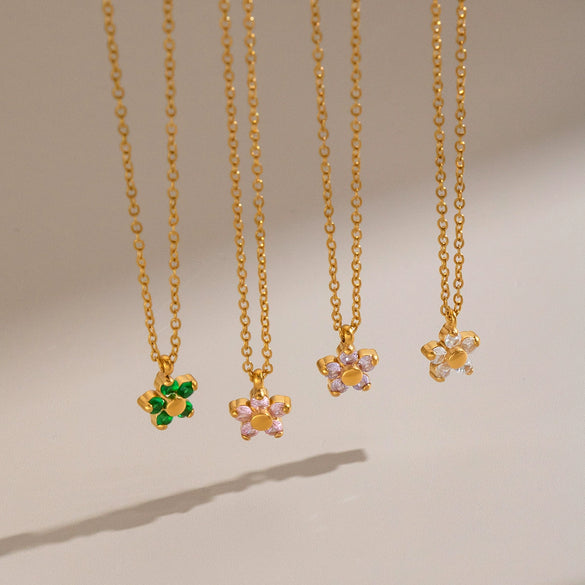 Women’s Floral Zircon Pendant Necklace With Vacuum Gold Plated Stainless Steel Chain Lobster Clasp And Extension Chain