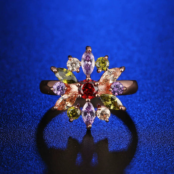 Women's Floral Zircon Ring With Colorful Crystal Inlay Pastoral Style Flower Design