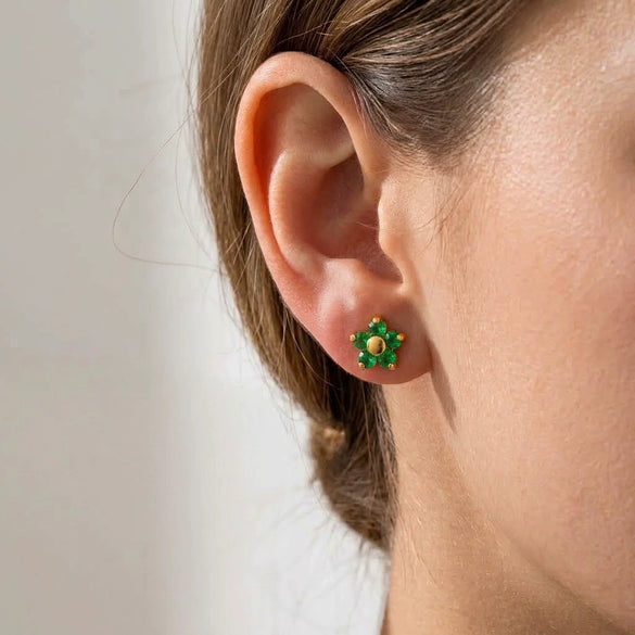 Women's Floral Zircon Stud Earrings With Stainless Steel Posts And Pvd Vacuum Gold Plated Finish