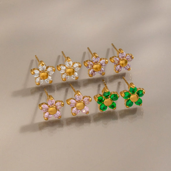 Women's Floral Zircon Stud Earrings With Stainless Steel Posts And Pvd Vacuum Gold Plated Finish