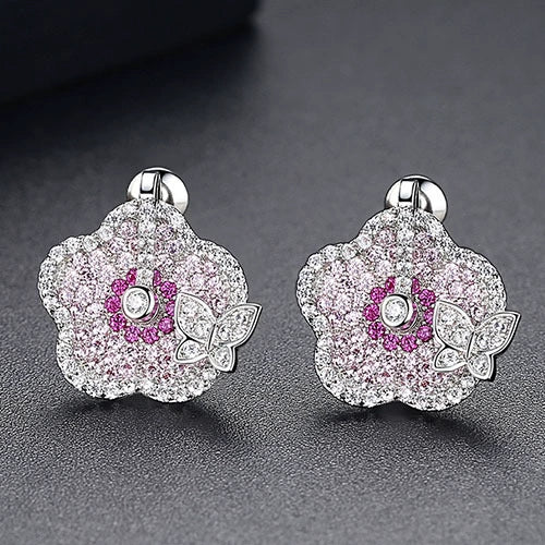 Women's Flower And Butterfly Earrings With Colorful Zircon Accents Electroplated Copper Fashion Jewelry