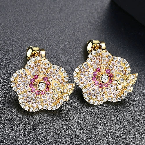 Women's Flower And Butterfly Earrings With Colorful Zircon Accents Electroplated Copper Fashion Jewelry