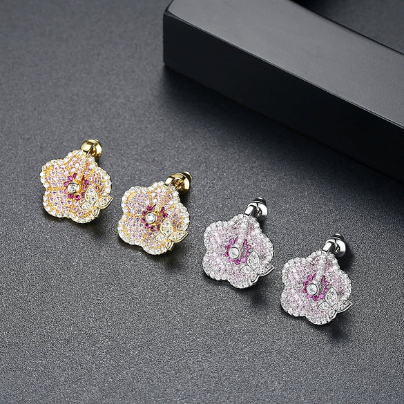 Women's Flower And Butterfly Earrings With Colorful Zircon Accents Electroplated Copper Fashion Jewelry