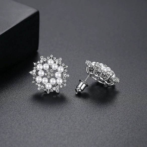 Women's Flower Earrings With Small Rice Beads And Imitation Pearls Electroplated Copper Elegant Fashion Jewelry Wholesale