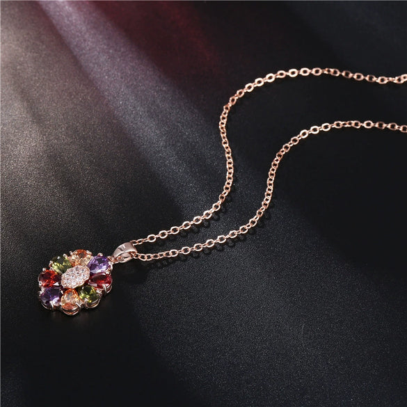 Women's Flower Shaped Colorful Fairy Flower Necklace Made Of Environmentally Friendly Copper Goldplated With Zircon Pendant