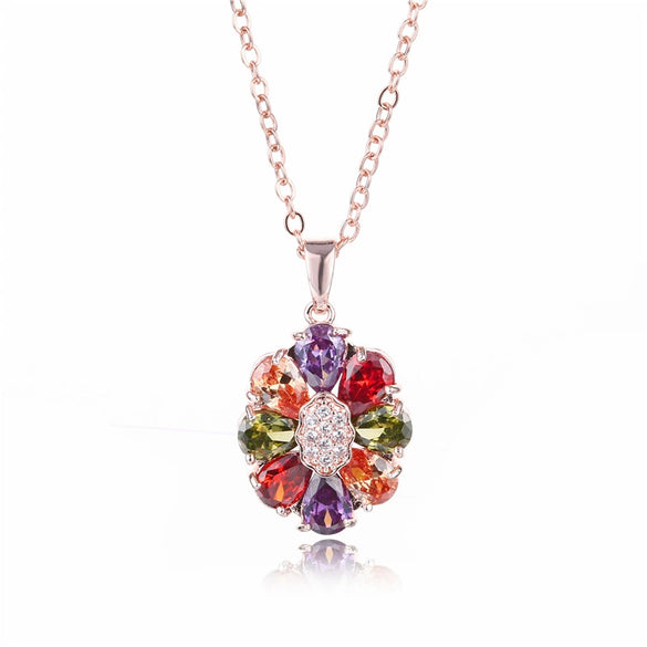 Women's Flower Shaped Colorful Fairy Flower Necklace Made Of Environmentally Friendly Copper Goldplated With Zircon Pendant