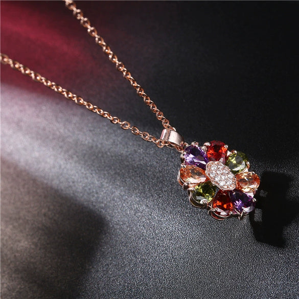 Women's Flower Shaped Colorful Fairy Flower Necklace Made Of Environmentally Friendly Copper Goldplated With Zircon Pendant