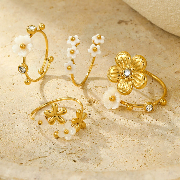 Women's Flower White Butterfly Shell Inlaid Zircon Light Luxury Style Stainless Steel Ring With Electroplating