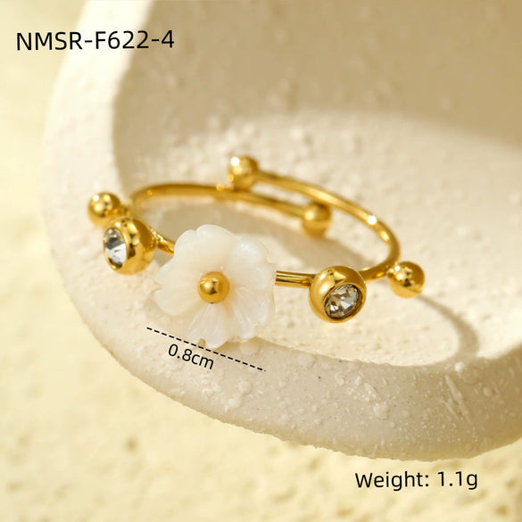 Women's Flower White Butterfly Shell Inlaid Zircon Light Luxury Style Stainless Steel Ring With Electroplating