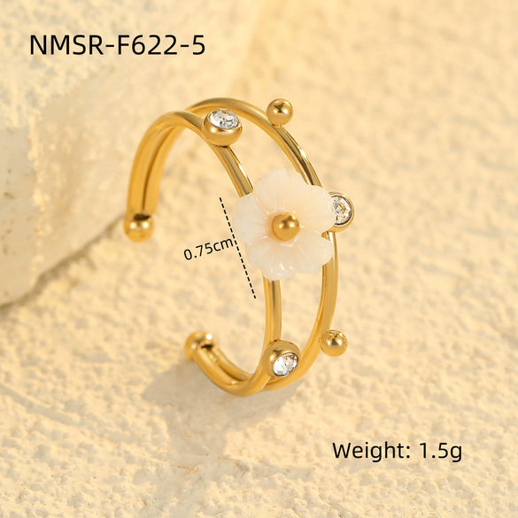 Women's Flower White Butterfly Shell Inlaid Zircon Light Luxury Style Stainless Steel Ring With Electroplating