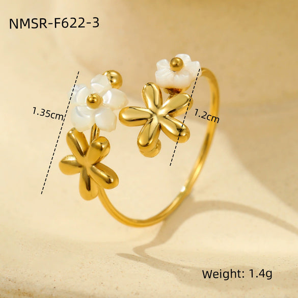 Women's Flower White Butterfly Shell Inlaid Zircon Light Luxury Style Stainless Steel Ring With Electroplating