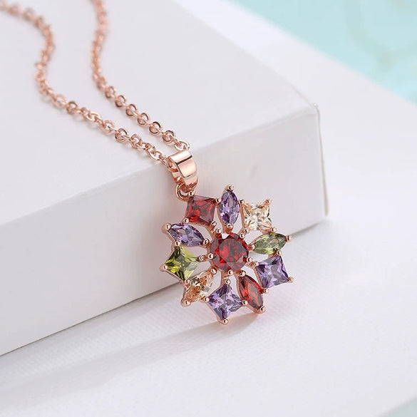 Women's Flower Zircon Pendant Necklace With Snake Bone Chain In Environmentally Friendly Copper Elegant Clavicle Necklace