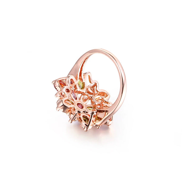 Women's Flower Zircon Ring Colorful Stone Wedding Ring With Gold Tone Finish Floral Design