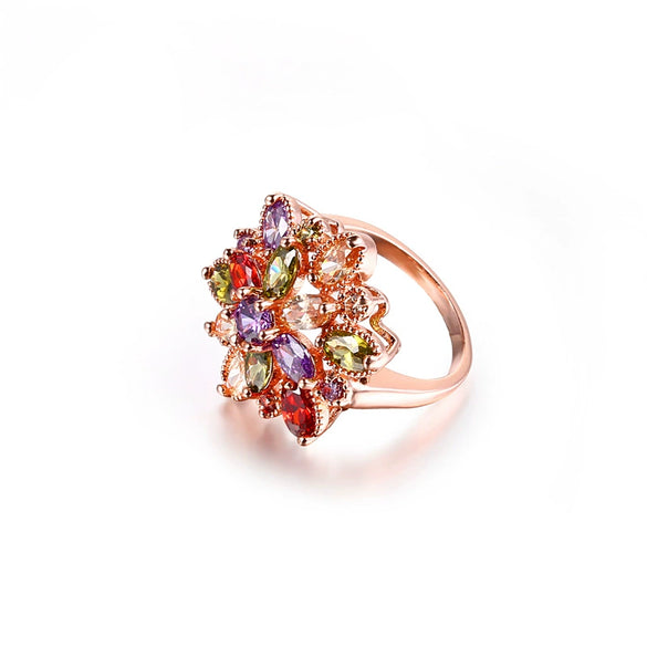 Women's Flower Zircon Ring Colorful Stone Wedding Ring With Gold Tone Finish Floral Design