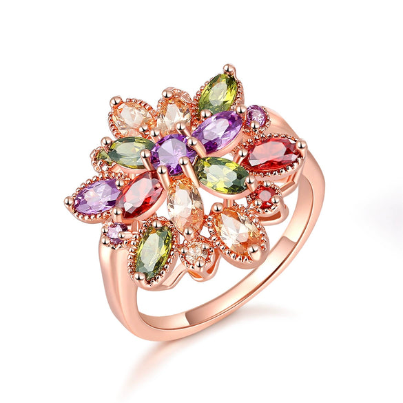 Women's Flower Zircon Ring Colorful Stone Wedding Ring With Gold Tone Finish Floral Design