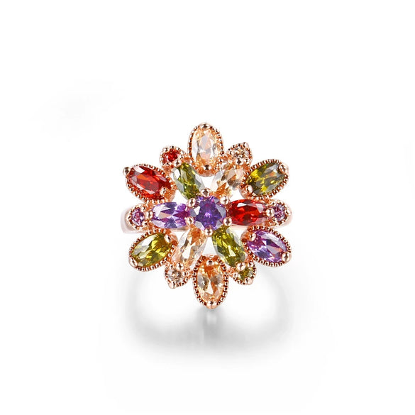 Women's Flower Zircon Ring Colorful Stone Wedding Ring With Gold Tone Finish Floral Design