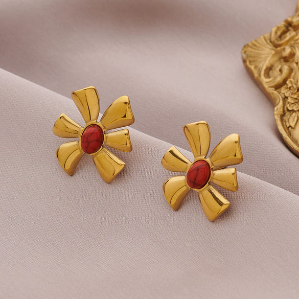 Women's Flowershaped Inlaid Natural Stone Stainless Steel 18K Electroplated Earrings