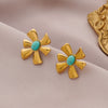 Women's Flowershaped Inlaid Natural Stone Stainless Steel 18K Electroplated Earrings