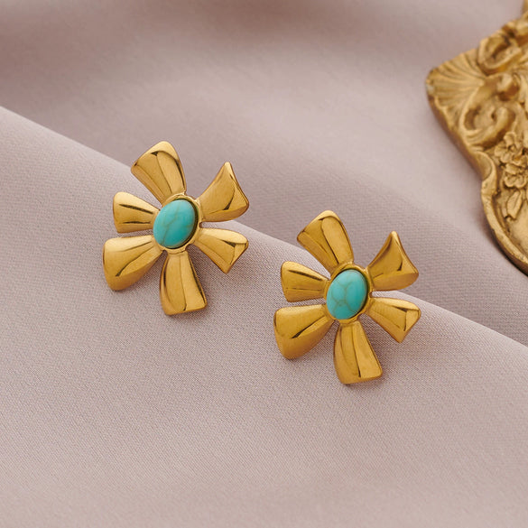 Women's Flowershaped Inlaid Natural Stone Stainless Steel 18K Electroplated Earrings