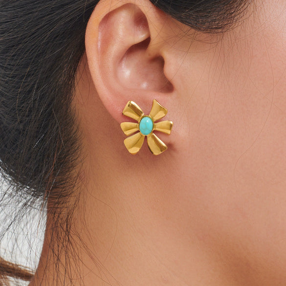 Women's Flowershaped Inlaid Natural Stone Stainless Steel 18K Electroplated Earrings