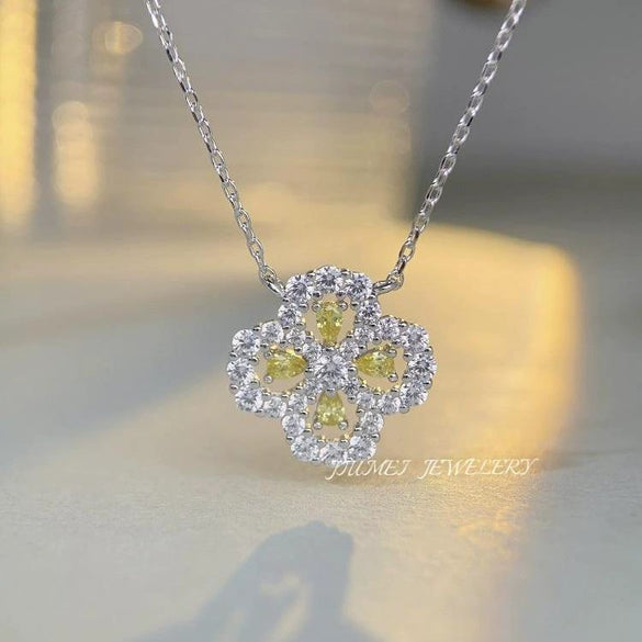 Women's Fourleaf Clover S925 Sterling Silver Ochain Necklace With Yellow Diamond Design And Light Luxury Style