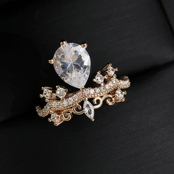 Women's French Retro Crown Pattern Copper Ring With Micro Inlaid Water Drop Crystal And Thick 18K Gold Plated Lace Design