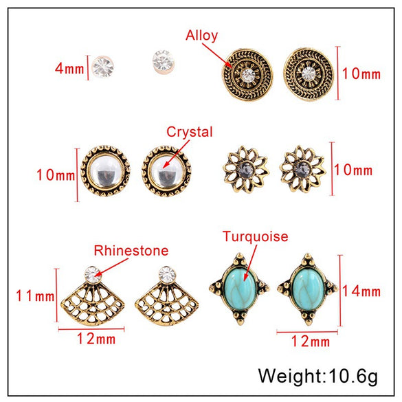Women's French Retro Geometric Alloy Turquoise Earring Set Electroplated Bohemian Style Stud And Drop Earrings