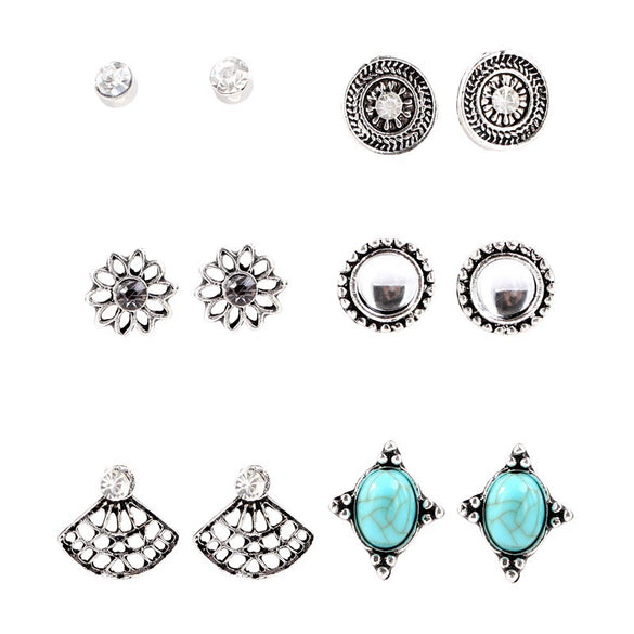 Women's French Retro Geometric Alloy Turquoise Earring Set Electroplated Bohemian Style Stud And Drop Earrings