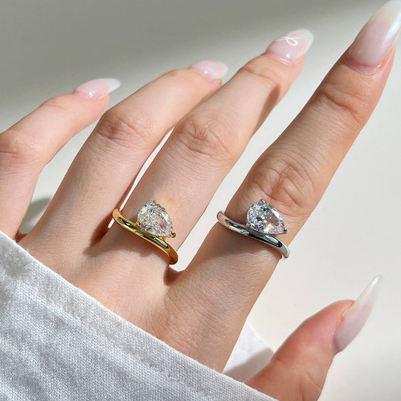 Women's French Retro Geometric S925 Sterling Silver Pearshaped Ring With 8A Zircon And Electroplating