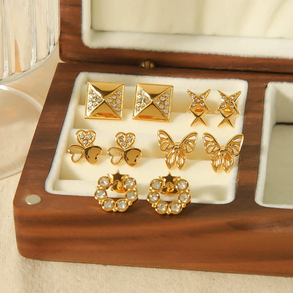 Women's French Retro Geometric Zircon Stainless Steel Electroplated Earrings And Butterfly Ear Pin Jewelry