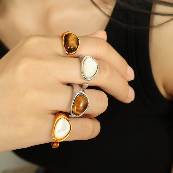Women's French Retro Natural Tiger Eye Stone Ring 316L Stainless Steel 18K Gold Plated Electroplated