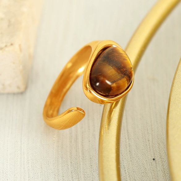 Women's French Retro Natural Tiger Eye Stone Ring 316L Stainless Steel 18K Gold Plated Electroplated