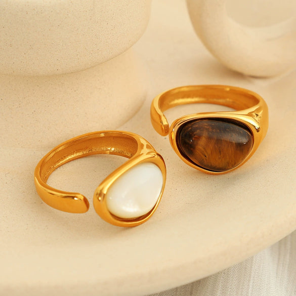 Women's French Retro Natural Tiger Eye Stone Ring 316L Stainless Steel 18K Gold Plated Electroplated