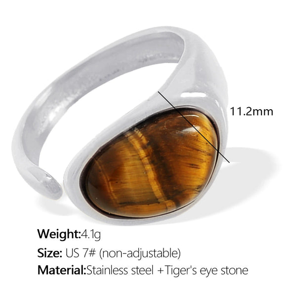 Women's French Retro Natural Tiger Eye Stone Ring 316L Stainless Steel 18K Gold Plated Electroplated