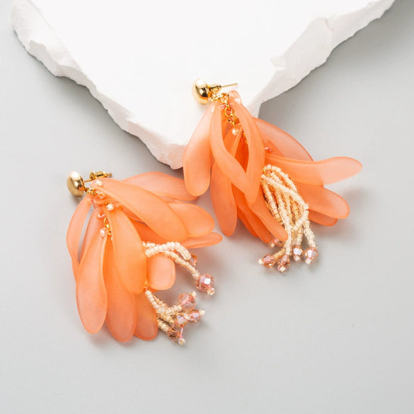 Women's Fresh Resin Petals Long Tassel Earrings With Flower Pattern And Electroplating
