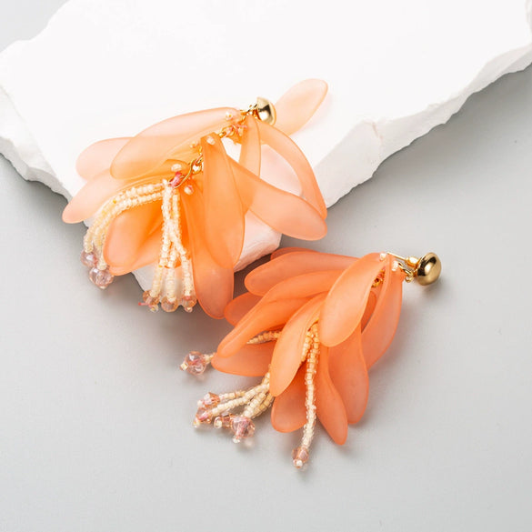 Women's Fresh Resin Petals Long Tassel Earrings With Flower Pattern And Electroplating