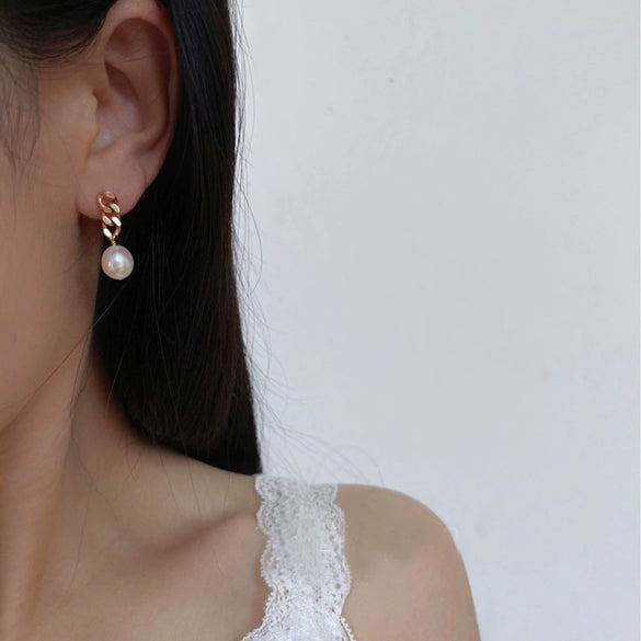 Women's Freshwater Baroque Pearl Earrings With Silver Pin Plated 14K Gold Chain