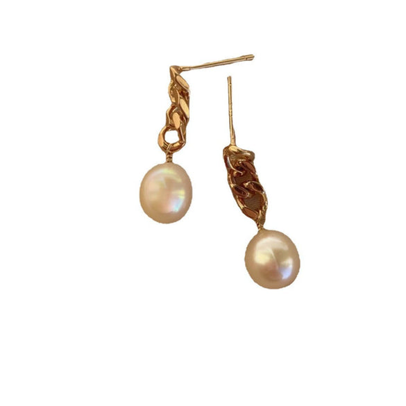 Women's Freshwater Baroque Pearl Earrings With Silver Pin Plated 14K Gold Chain