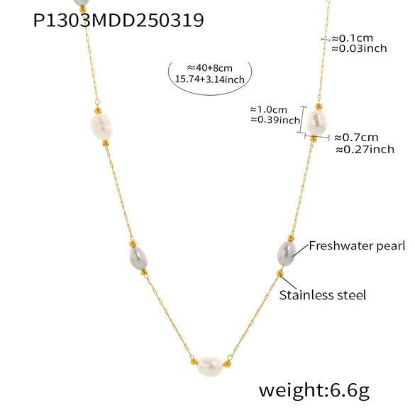 Women's Freshwater Cultured Pearl And Stainless Steel Geometric Pattern Fine Clavicle Chain With Electroplating