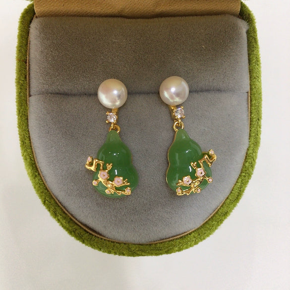 Women's Freshwater Pearl And Chalcedony Gourd Earrings With Plum Blossom Pattern S925 Sterling Silver Needle