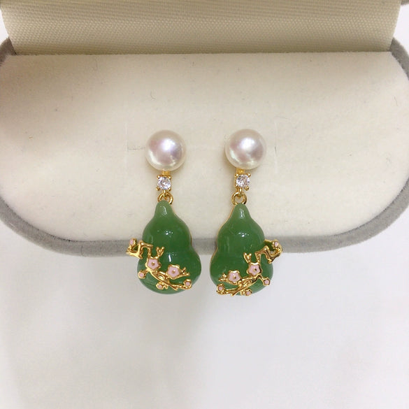 Women's Freshwater Pearl And Chalcedony Gourd Earrings With Plum Blossom Pattern S925 Sterling Silver Needle